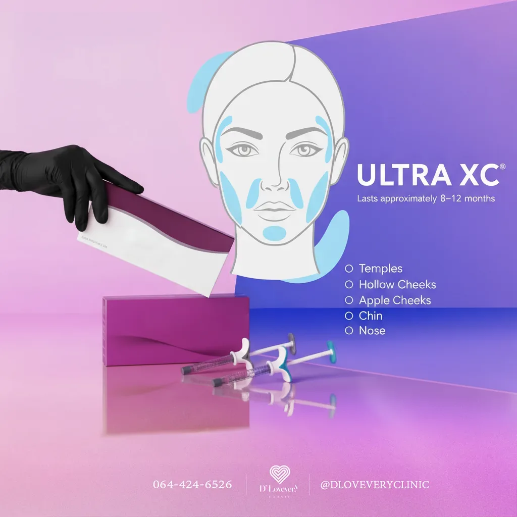 Juvederm Ultra XC เหมาะสำหรับฉีดแก้ไขปัญหาริ้วรอยร่องลึก รวมถึงการเติมเต็มบริเวณขมับ แก้มตอบ จมูก และคาง โดยผลลัพธ์คงอยู่ได้นานประมาณ 8-12 เดือน