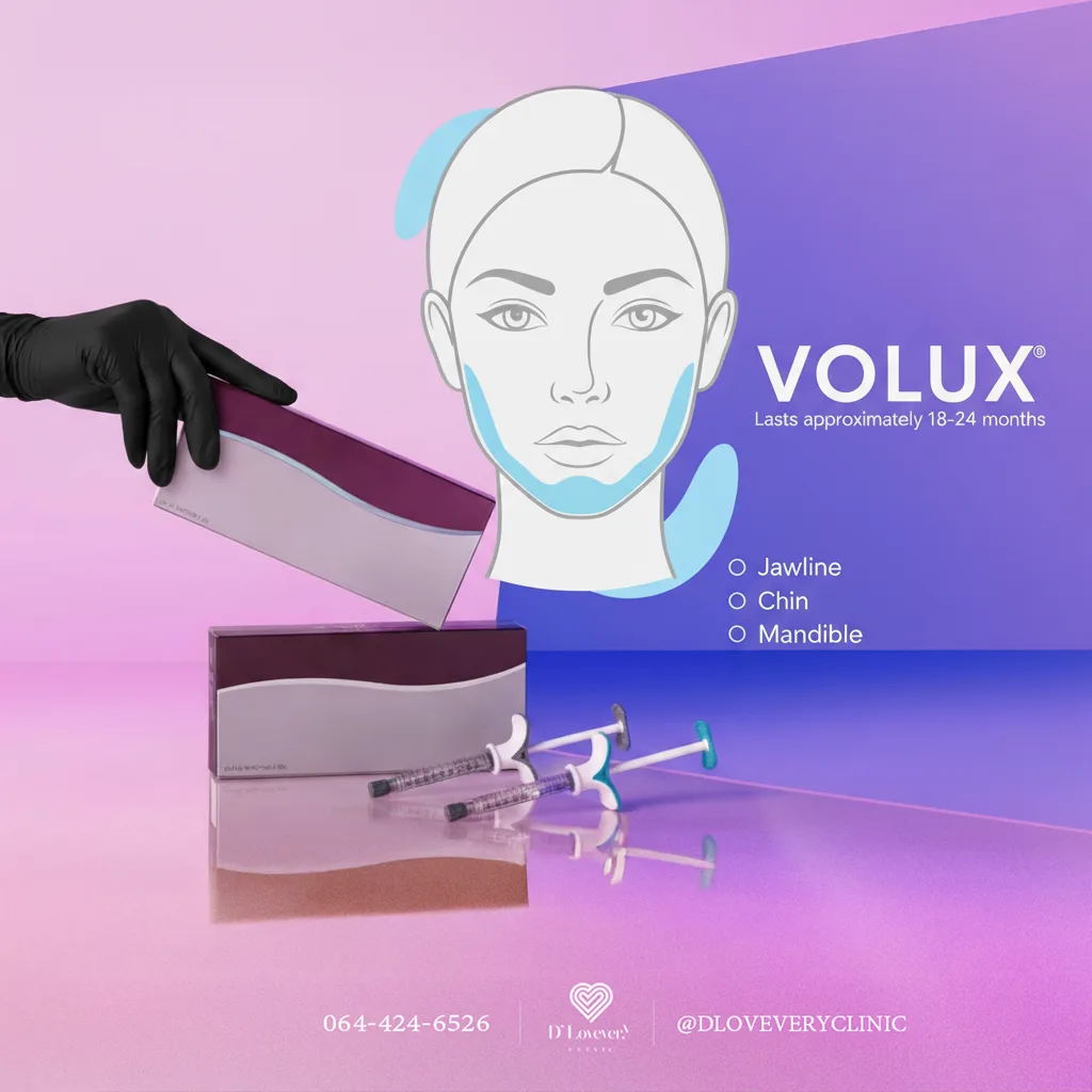 Juvederm Volux เป็นรุ่นที่มีความคงตัวและยืดหยุ่นสูงที่สุด เนื้อเจลมีความหนาแน่น สามารถปั้นทรงได้ดี เหมาะสำหรับการสร้างกรอบหน้าให้คมชัด ปรับโครงสร้างคางและแนวกราม ผลลัพธ์อยู่ได้นาน 18-24 เดือน