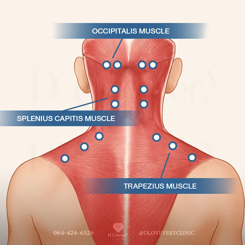 โบท็อกซ์ลดปวดไมเกรน ต้องฉีดจุดไหนบ้าง  occipitalis muscle splenius capitis muscle trapezius muscle