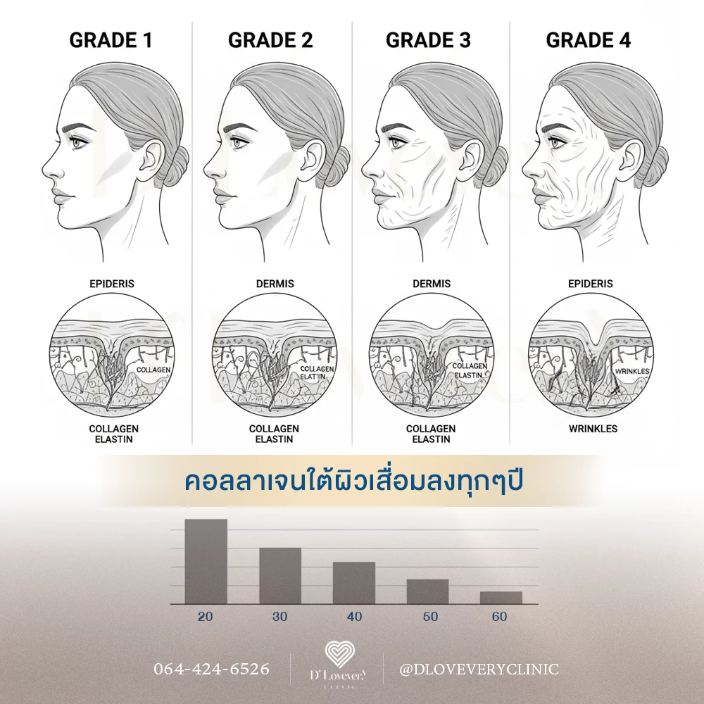 ระดับความหย่อนคล้อย ริ้วรอย การเสื่อมของคอลลาเจนใต้ผิว ตามช่วงอายุ