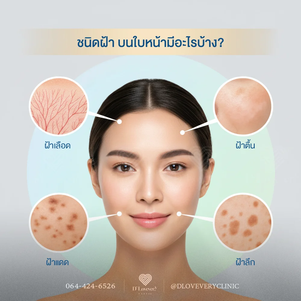 ชนิดที่แตกต่างกัน
ฝ้าบนใบหน้า
ฝ้าเลือด
ฝ้าตื้น (Epidermal)
ผิวไหม้แดด (Sunburn)
ฝ้าลึก (Dermal)