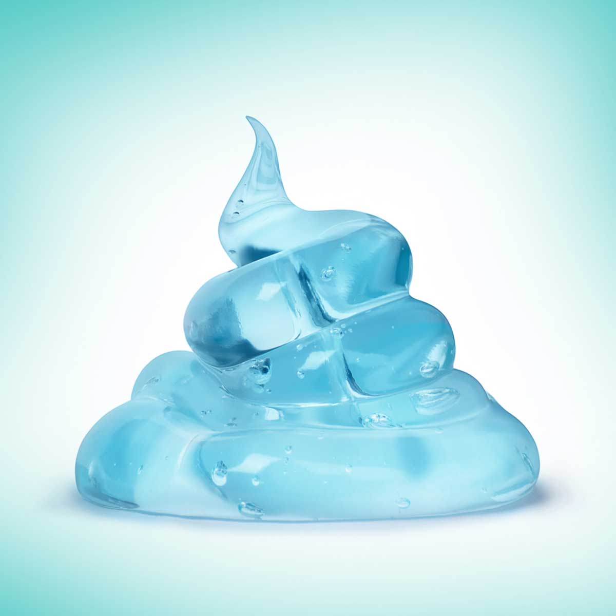Translucent blue gel swirl skincare product shot with glossy, bubbled texture