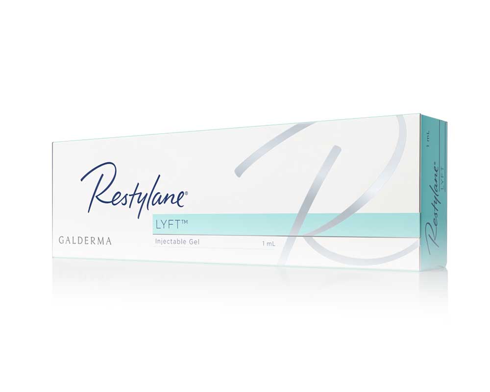 Restylane Lyft 1 mL injectable gel box by Galderma on white background