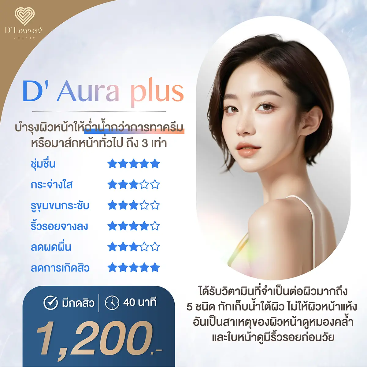 ผิวฉ่ำวาว อิ่มน้ำ ทรีทเมนท์ D Aura plus 1200 บาท ต่อครั้ง