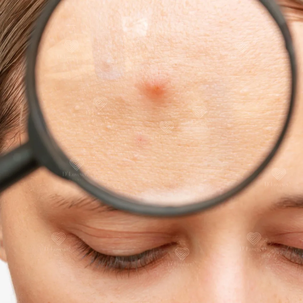 Magnified forehead pimple close-up showing skin texture and pores