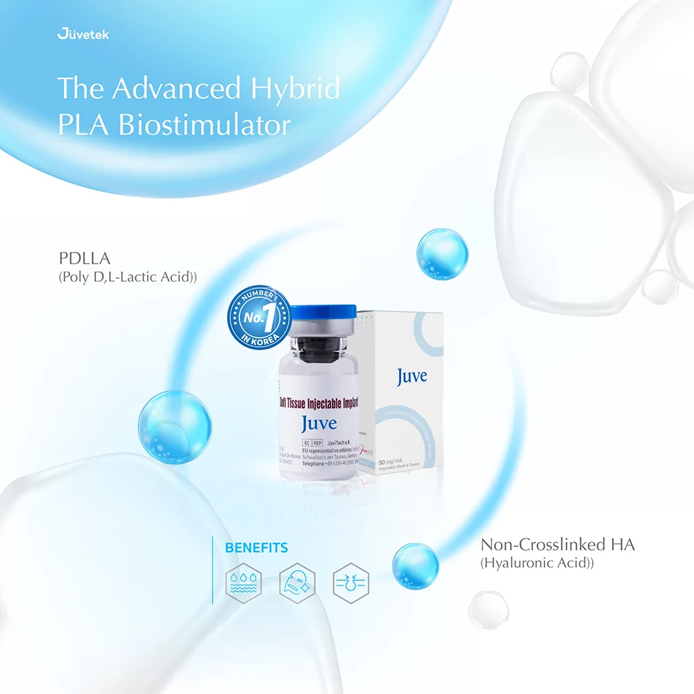 Juvetek Juve hybrid PLA and HA biostimulator vial with PDLLA and non-crosslinked hyaluronic acid