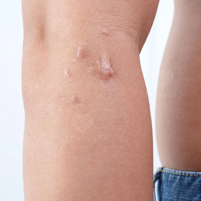 Close-up of keloid scar cluster on elbow, pale raised bumps
