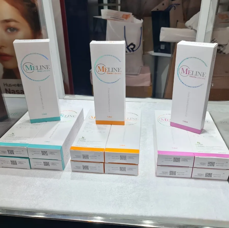 Meline filler packaging trio with teal, orange, and pink accents on glossy white display