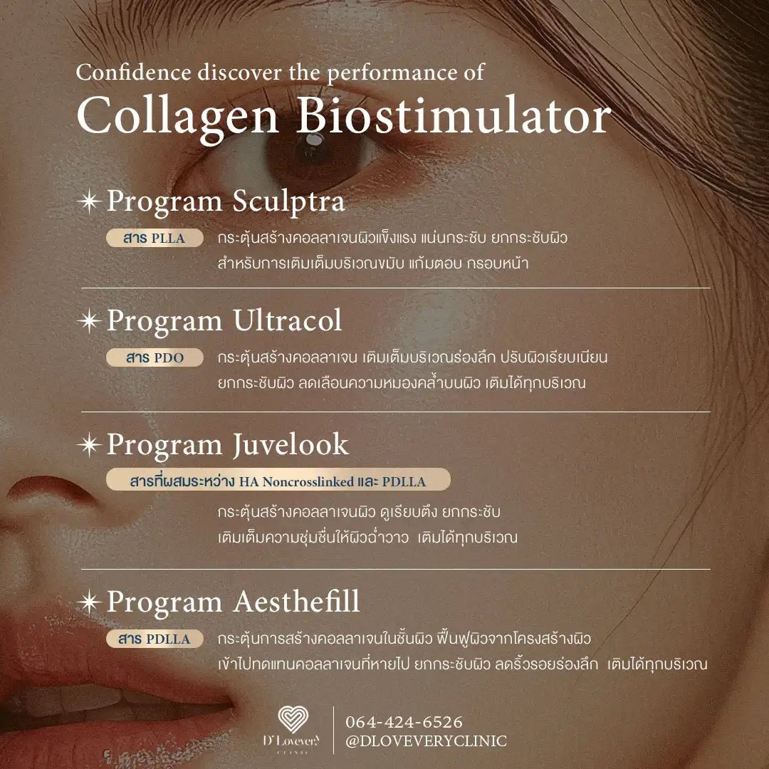 Collagen biostimulator treatments: Sculptra, Ultracol, Juvelook, Aesthefill cosmetic ad.