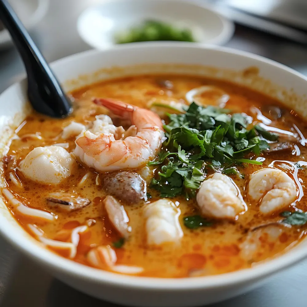 Creamy shrimp seafood soup with cilantro and chili oil in white bowl