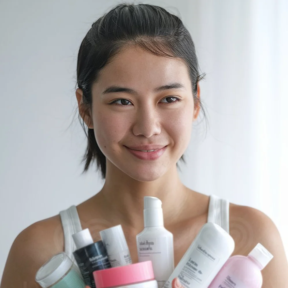 Young person holding acne skincare products in pastel bottles, calm self-care portrait