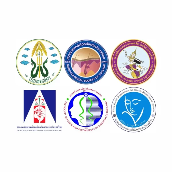 Six Thai medical and aesthetic society logos: dermatology, plastic and reconstructive surgery seals