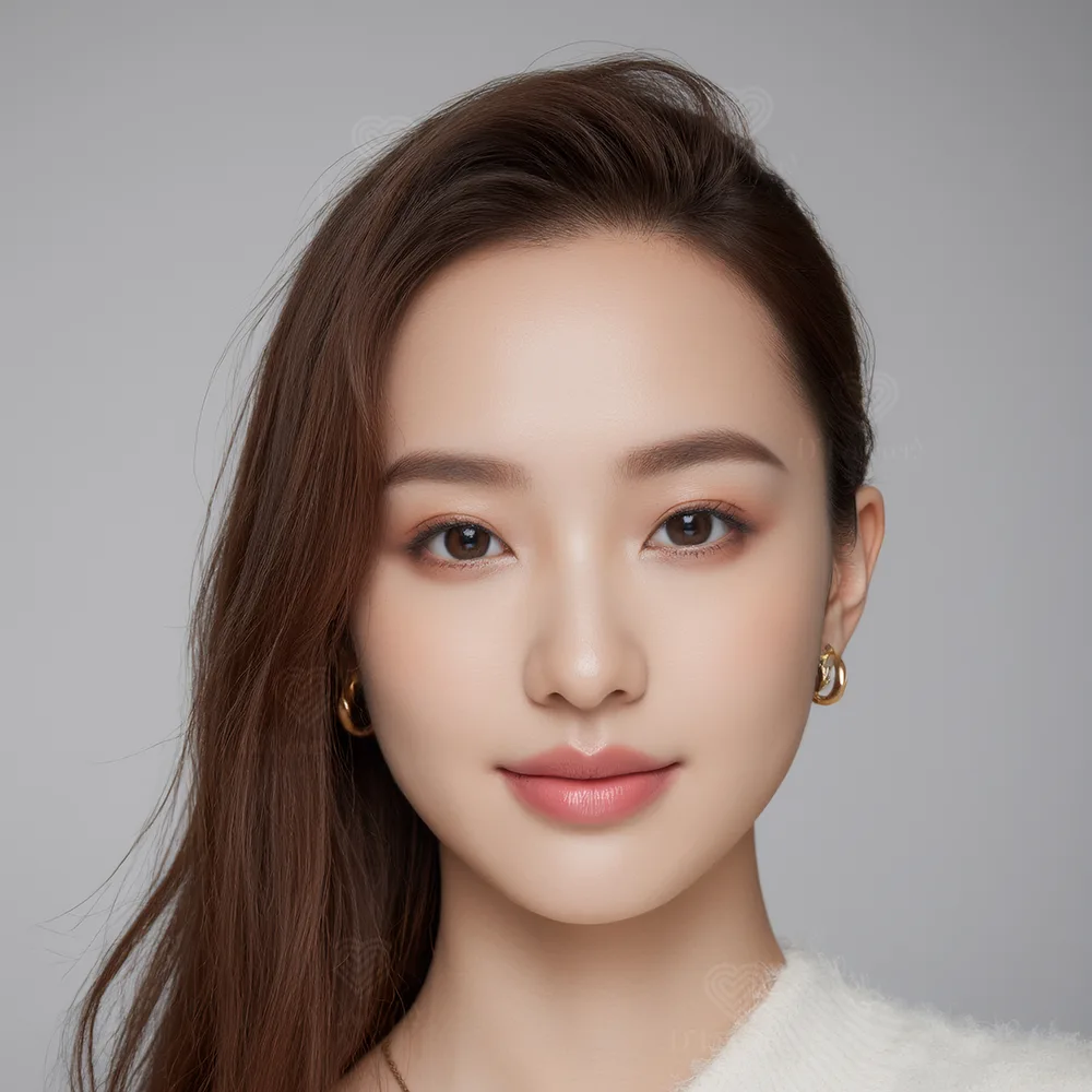 Professional headshot of woman with long brown hair and gold hoop earrings on gray background.