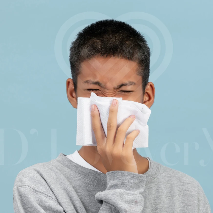Child holding tissue to nose, sneezing from allergies or cold