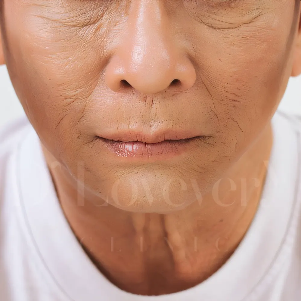 Close-up of facial aging: lower face wrinkles, nasolabial folds, and stubble