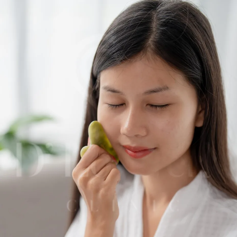 Gua Sha facial massage with jade stone for glowing skin