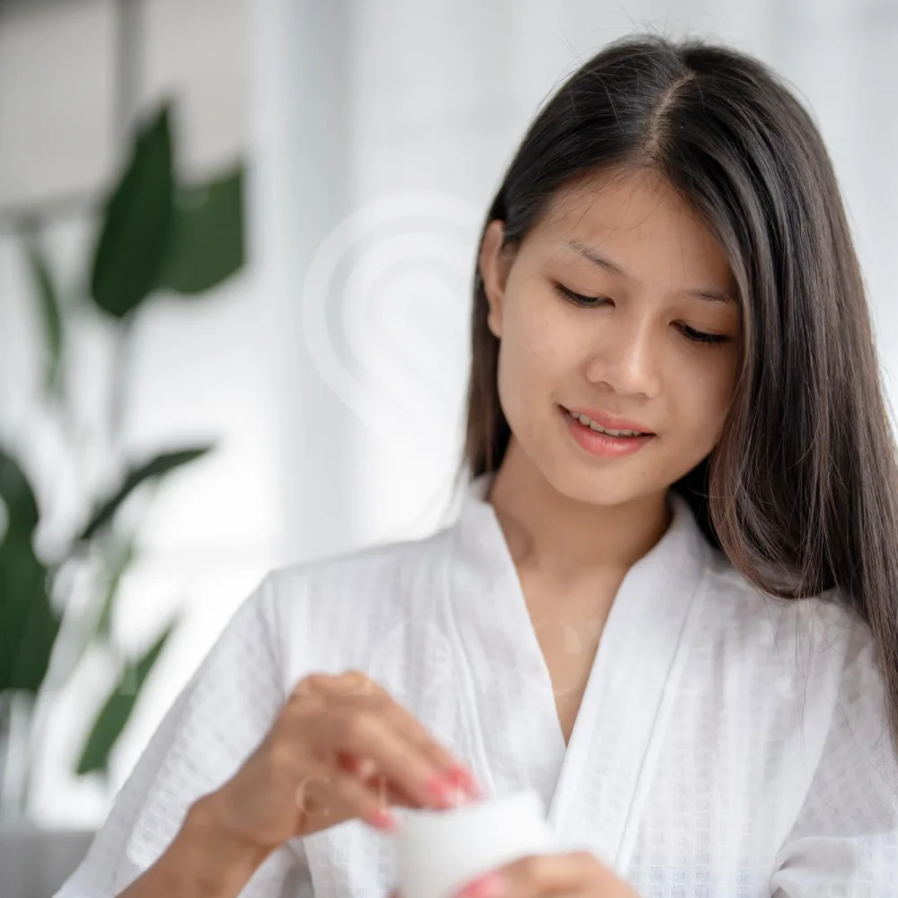 Woman in white robe applying cream from jar during at-home skincare routine.
