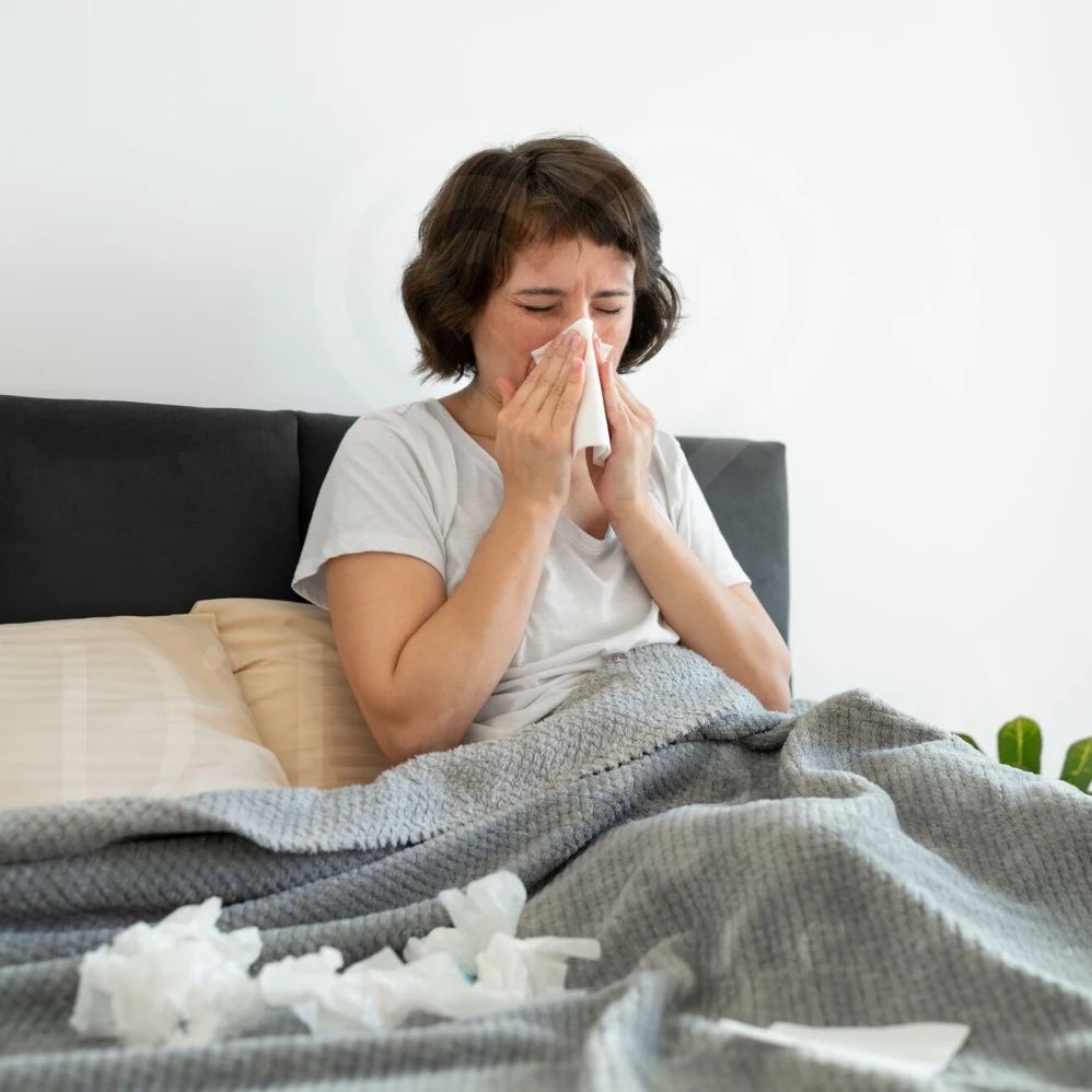 Person with nosebleed in bedroom from PM2.5 dust, tissues scattered on blanket