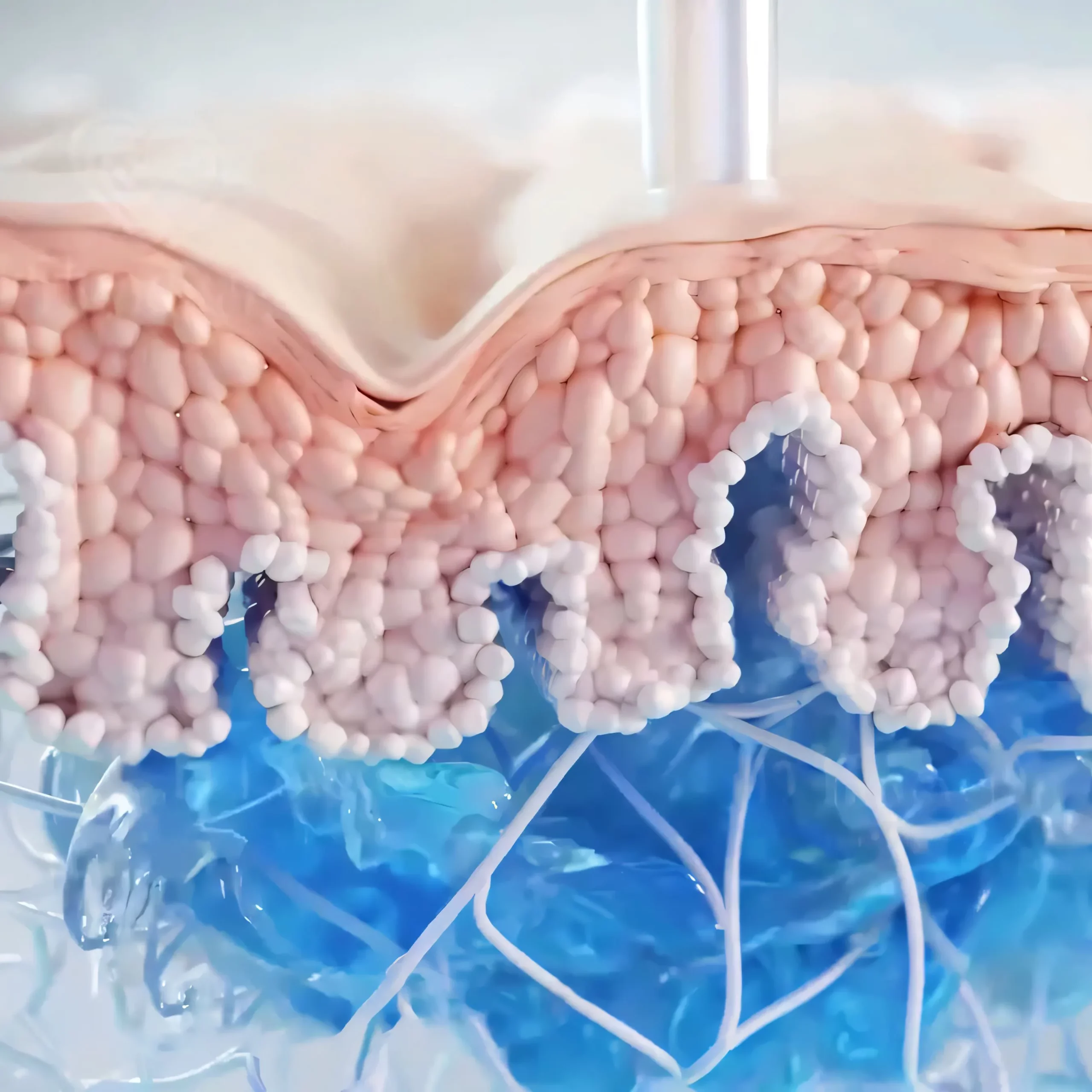 Stylized skin cross-section: probe indenting epidermis, dermis, and connective tissue deformation