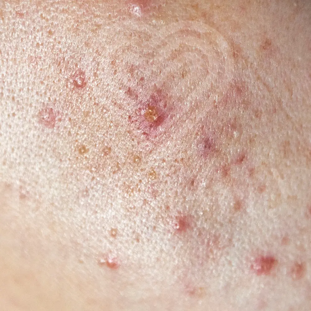 Close-up of inflamed acne papules on light-toned skin with crusts and open pores.