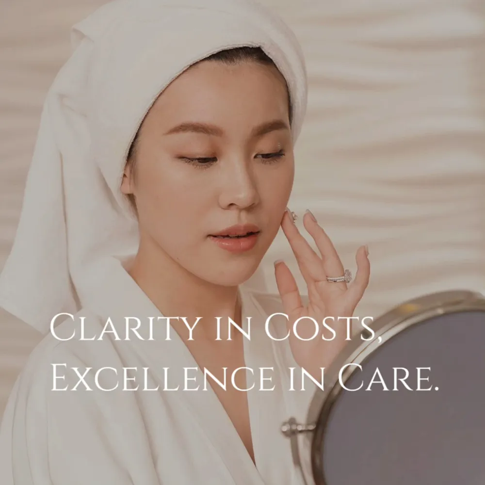 Upscale beauty clinic client holding mirror — skincare, transparent pricing