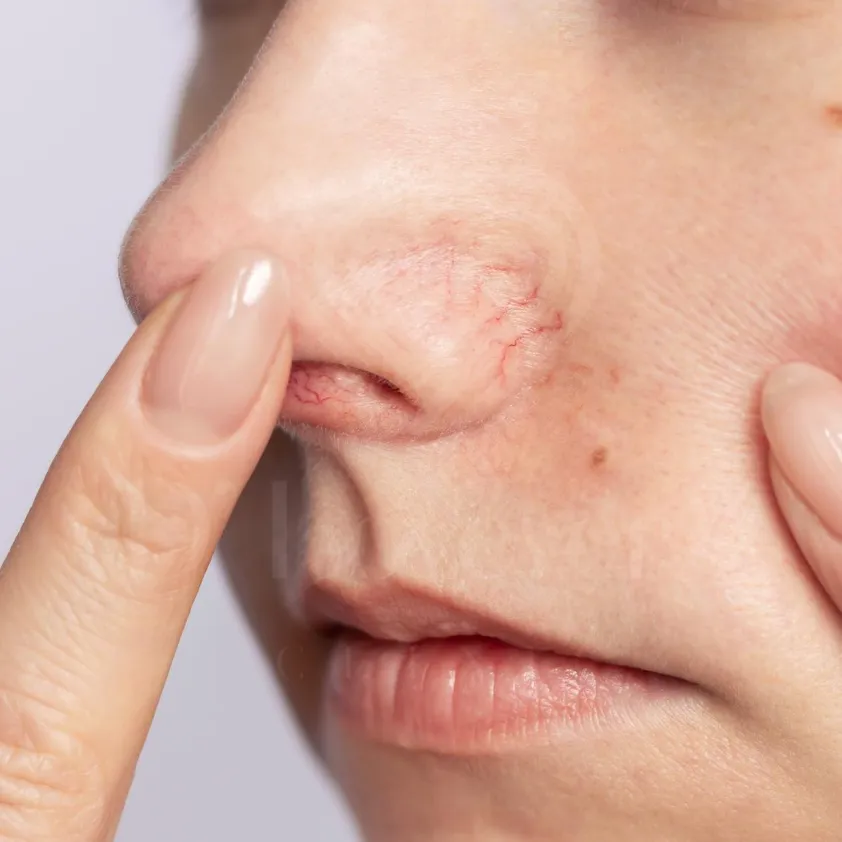 Pico laser close-up: broken capillaries on nose with manicured fingertip