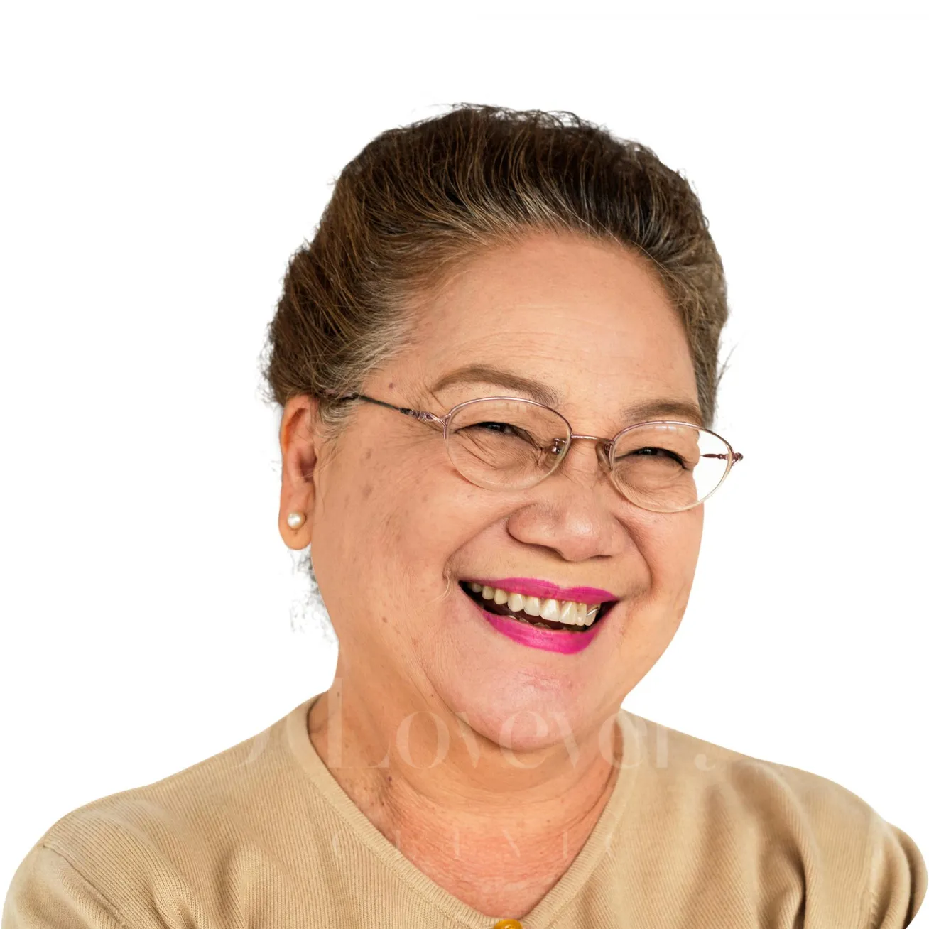 Smiling middle-aged woman portrait for droopy eyelid surgery (blepharoplasty)