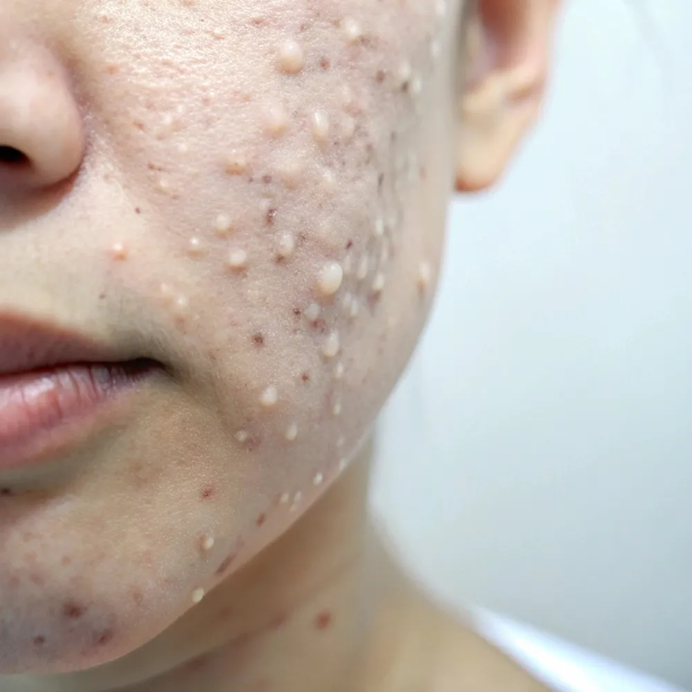 Cheek close-up with clustered pearly papules and textured skin along jawline