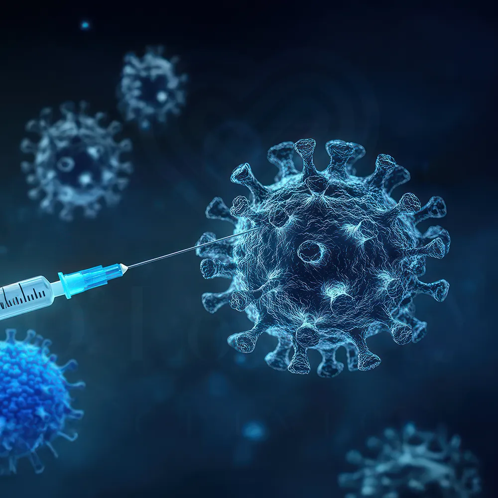 Flu vaccine syringe needle poised near virus particle close-up