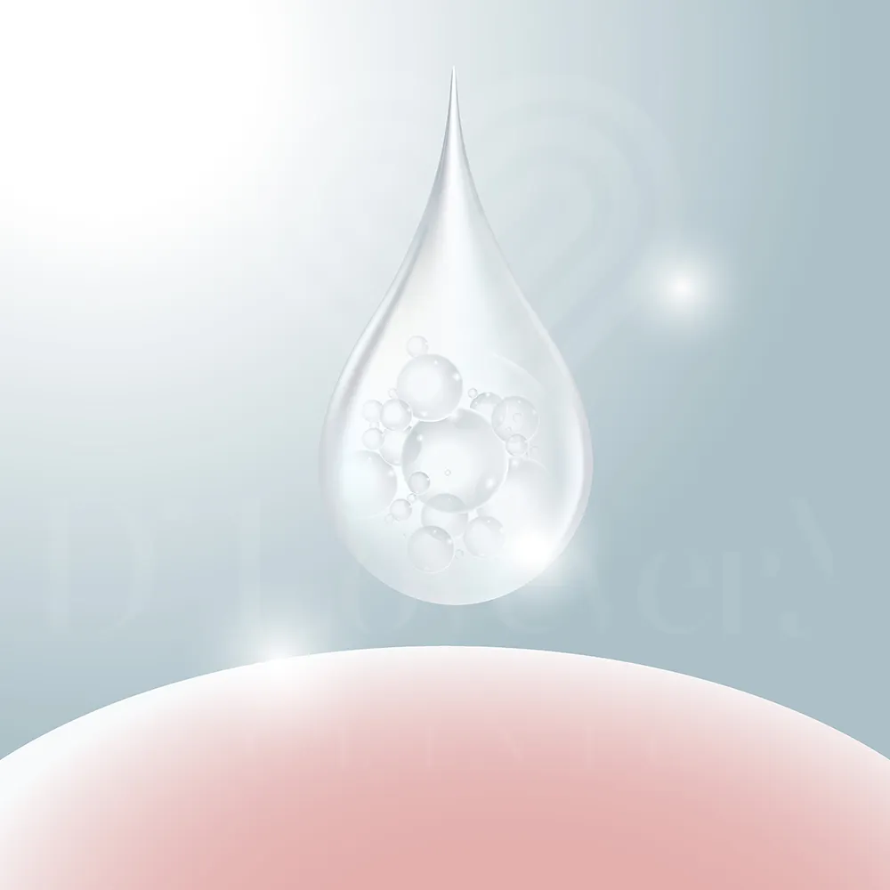 Hypoallergenic hydrating serum droplet with micro-spheres hovering above sensitive skin