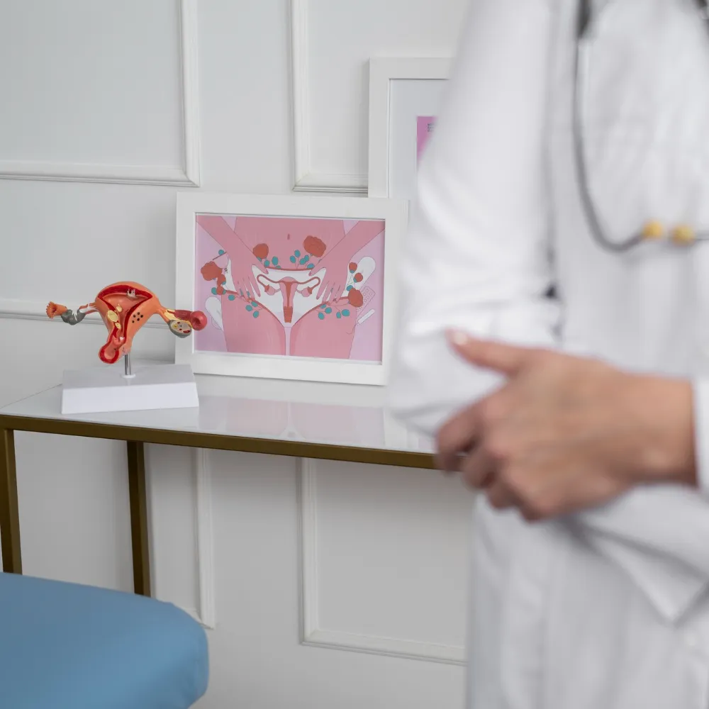 Gynecology exam room with uterus model and blurred clinician in white coat