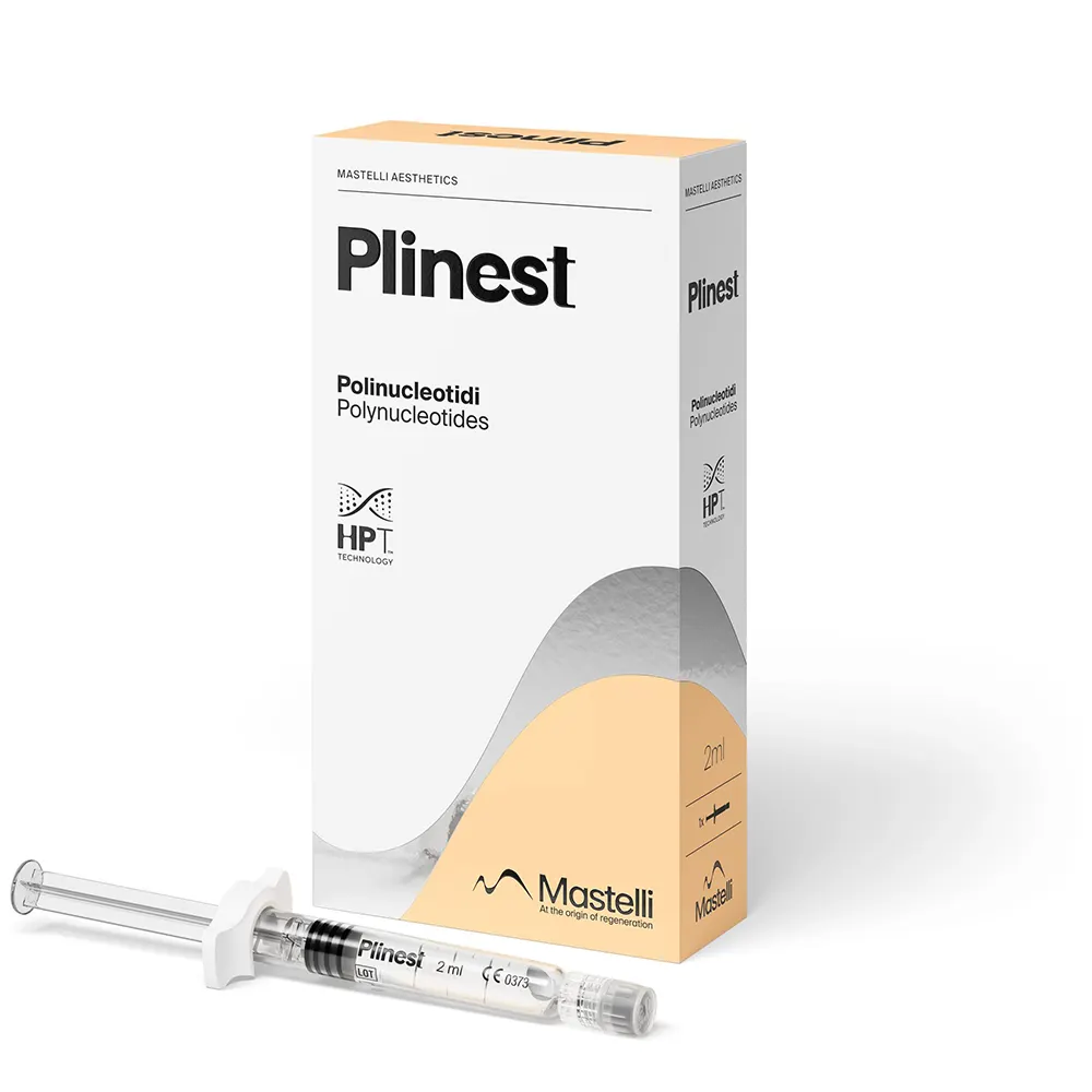 Plinest 2 ml polynucleotides prefilled syringe and Mastelli box on white background