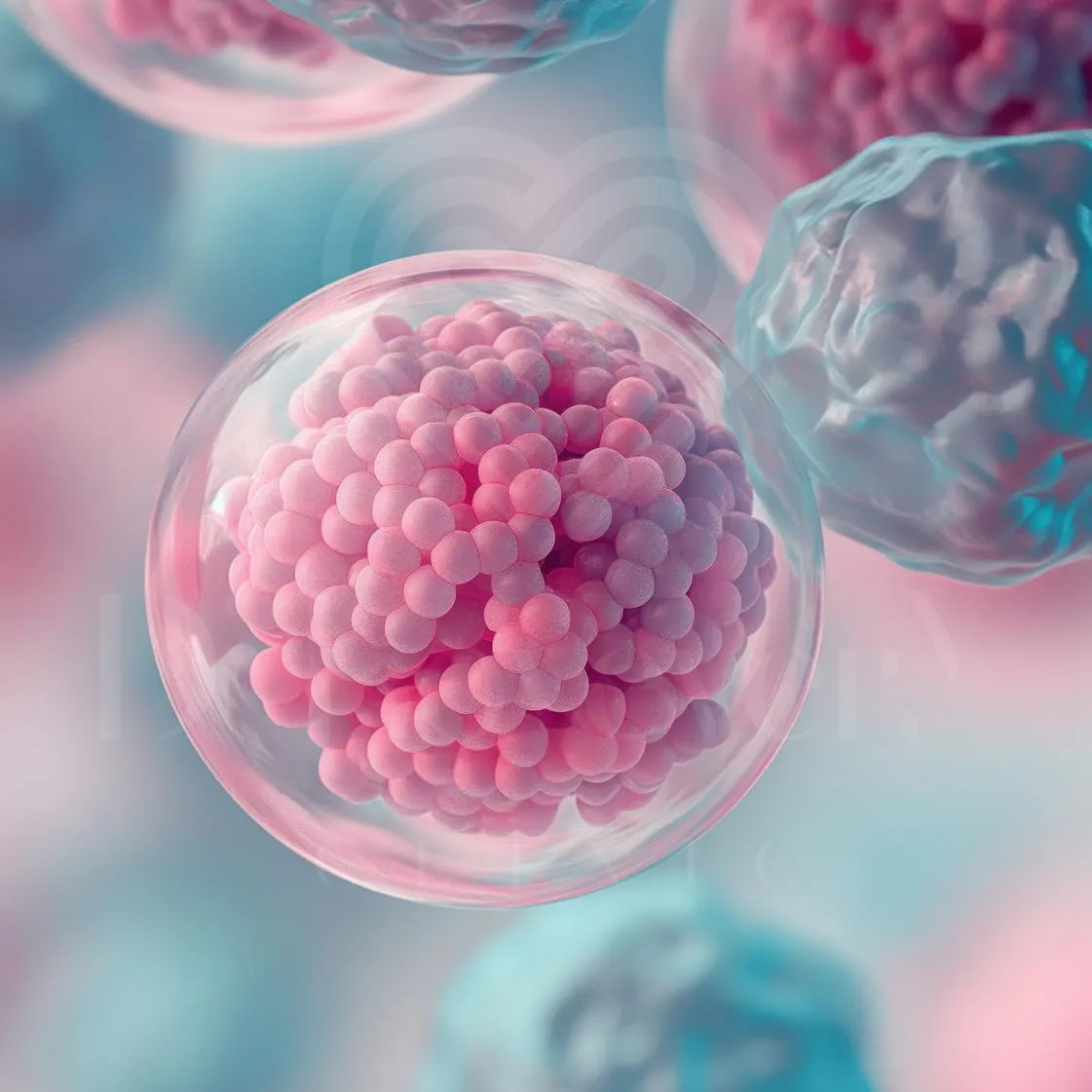 Glossy translucent blastocyst-like sphere with dense pink microbeads against pastel bokeh