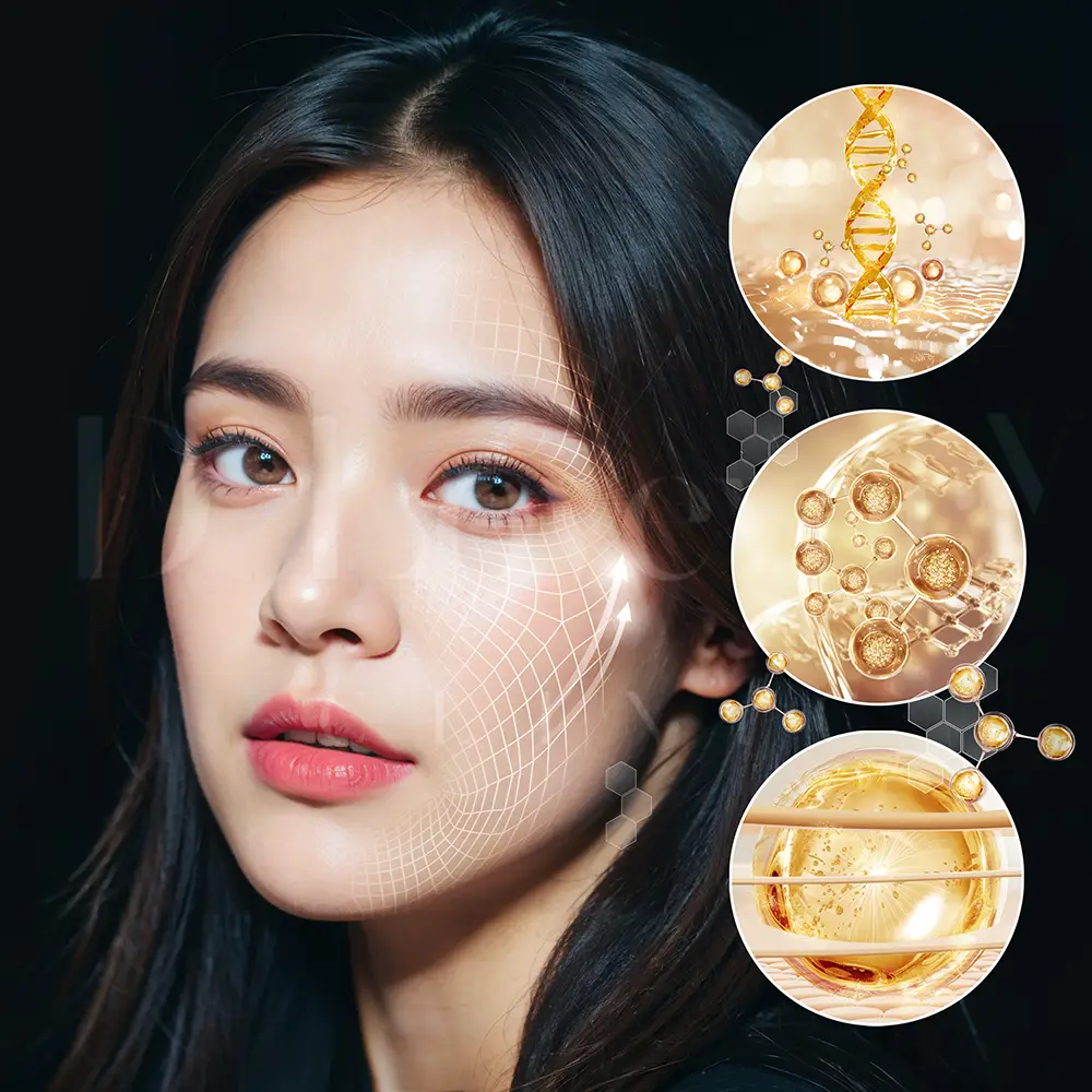 Young woman portrait for luxury stem-cell facial rejuvenation with gold molecular graphics