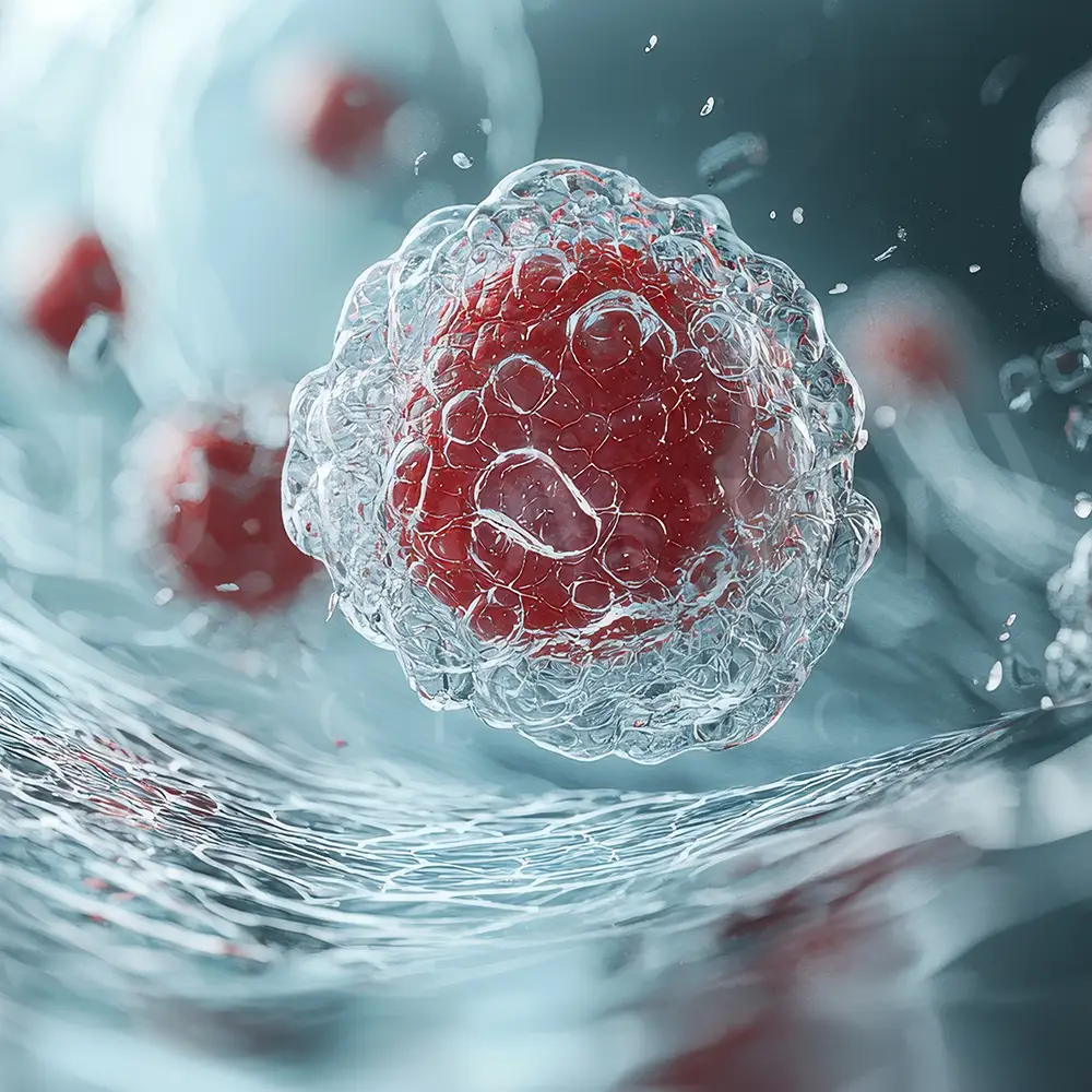 Stem cell with red granular core and translucent bubble membrane in teal micrograph-style 3D render.