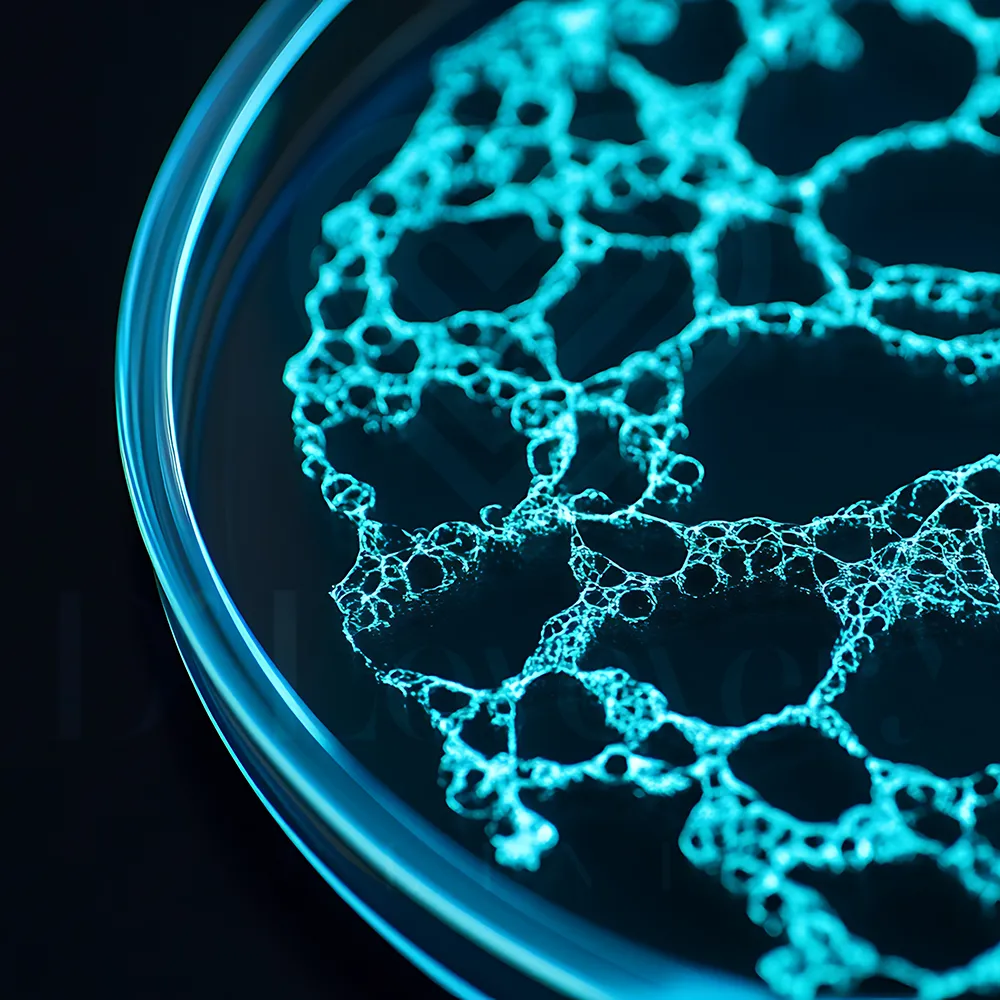 Cyan blue fluorescent stem cell network in Petri dish microscopy image