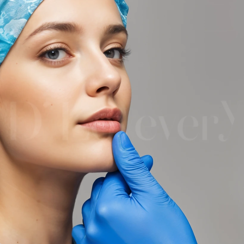 Chin filler consultation close-up: womans face supported by gloved hand, wearing surgical cap.