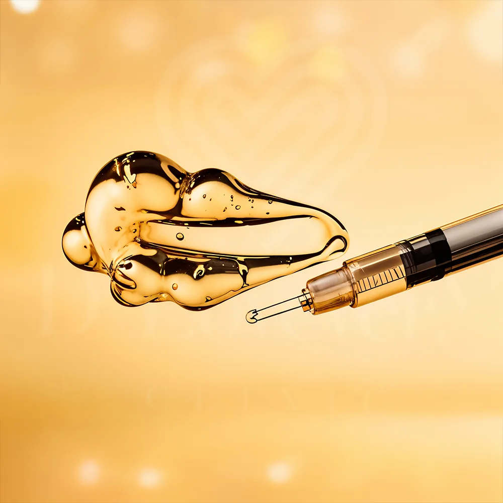Dermal filler syringe and honey-colored droplet on warm golden cosmetic skincare background