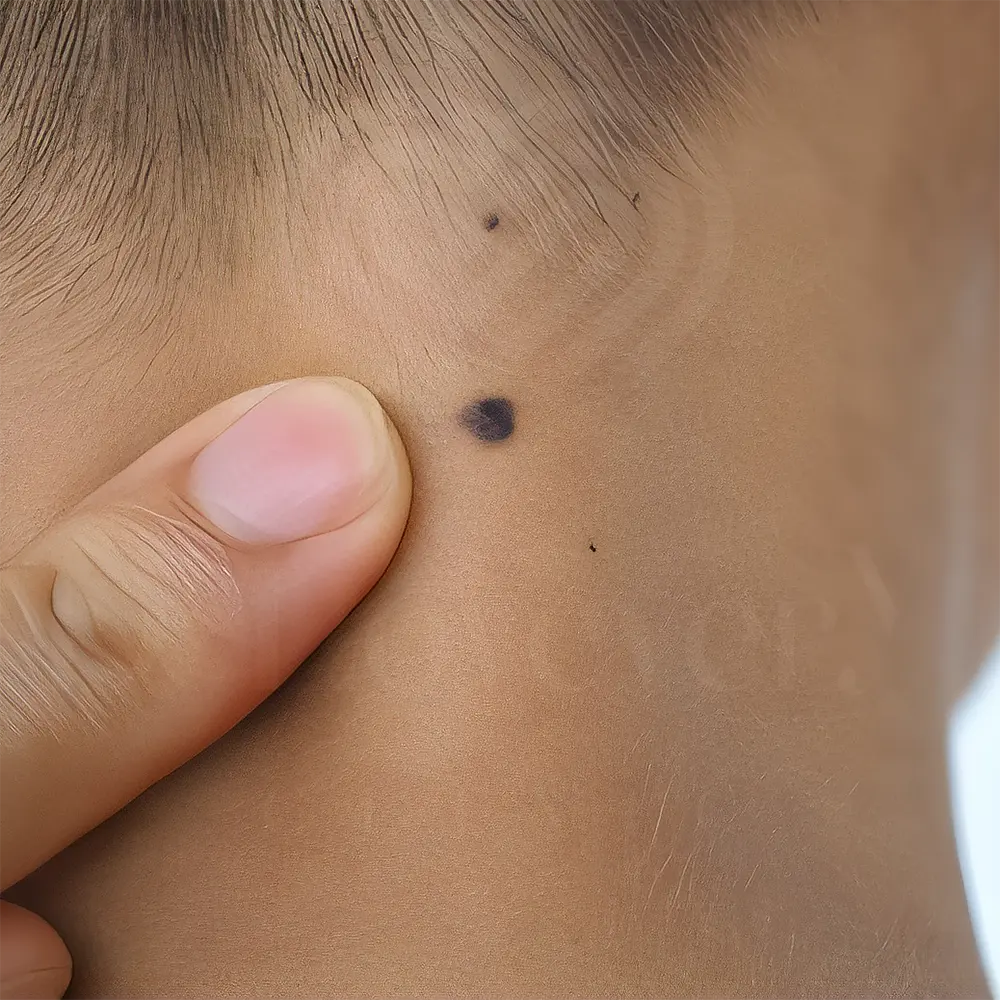 Neck mole close-up with fingertip for scale