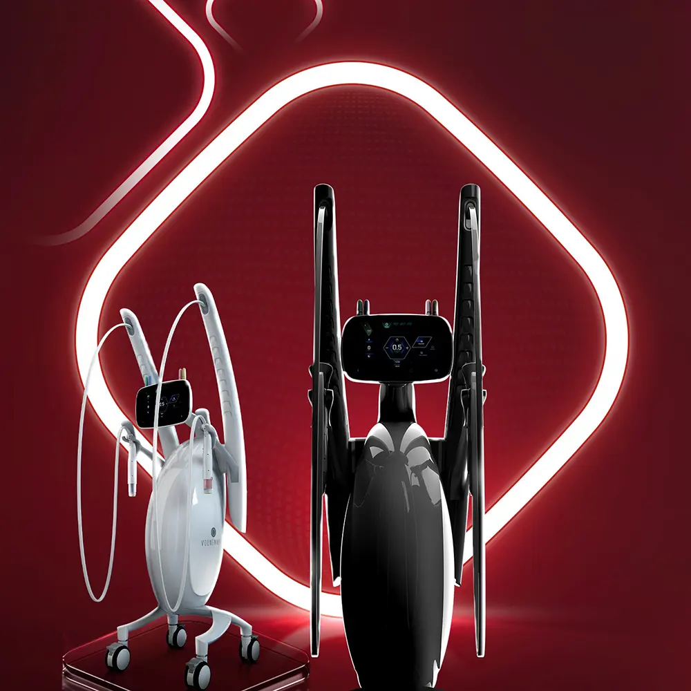 Sleek futuristic medical devices: white wheeled unit and black glossy pod with touchscreens