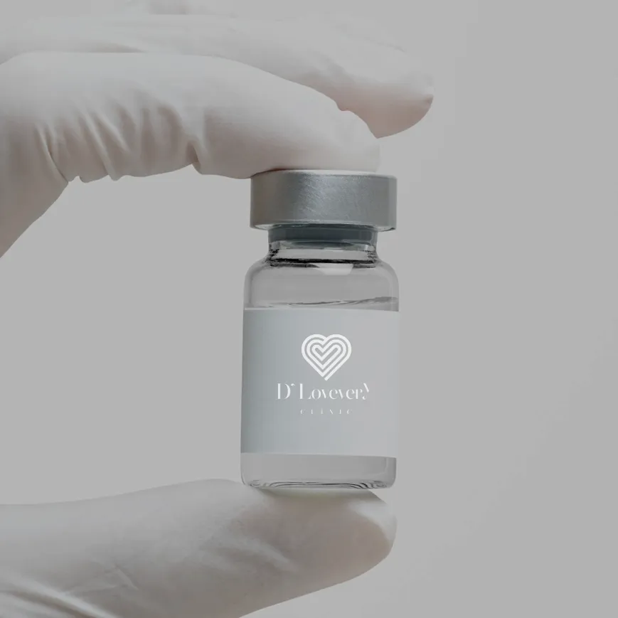 Close-up of Botox vial in gloved hand, minimalist DLanecy label, clinical cosmetic setting