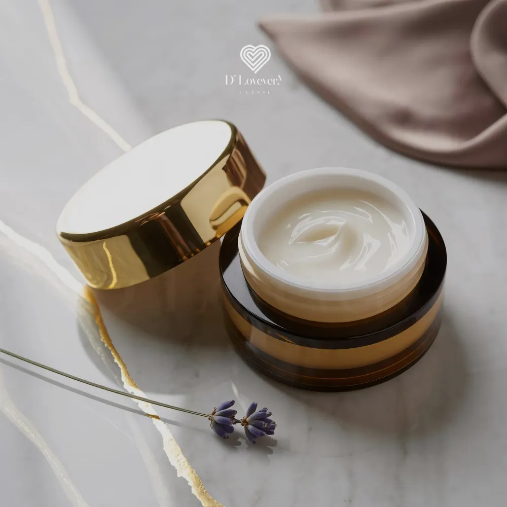 Luxury face and neck cream in amber jar with gold lid, lavender on marble