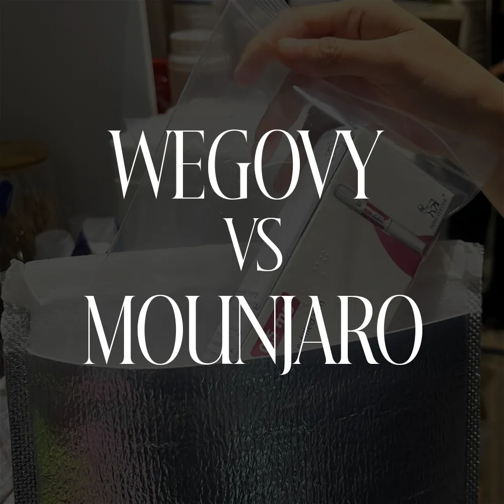 Wegovy vs Mounjaro comparison: refrigerated weight-loss pens in hand