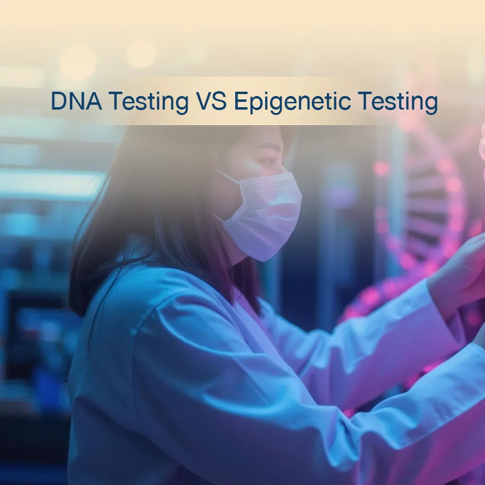 Masked lab technician with glowing DNA helix illustrating DNA testing vs epigenetic testing