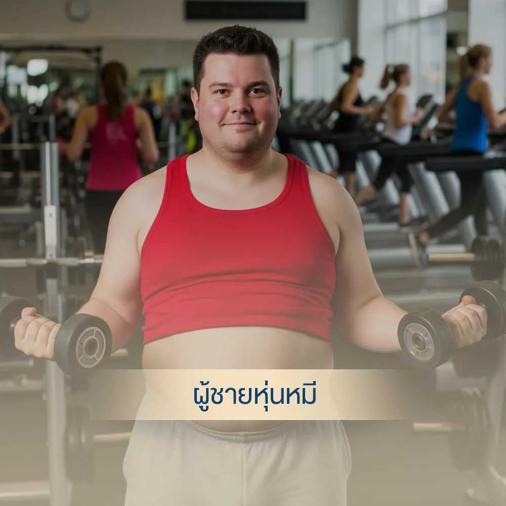 Smiling man with bear physique in red tank top holding dumbbells at gym