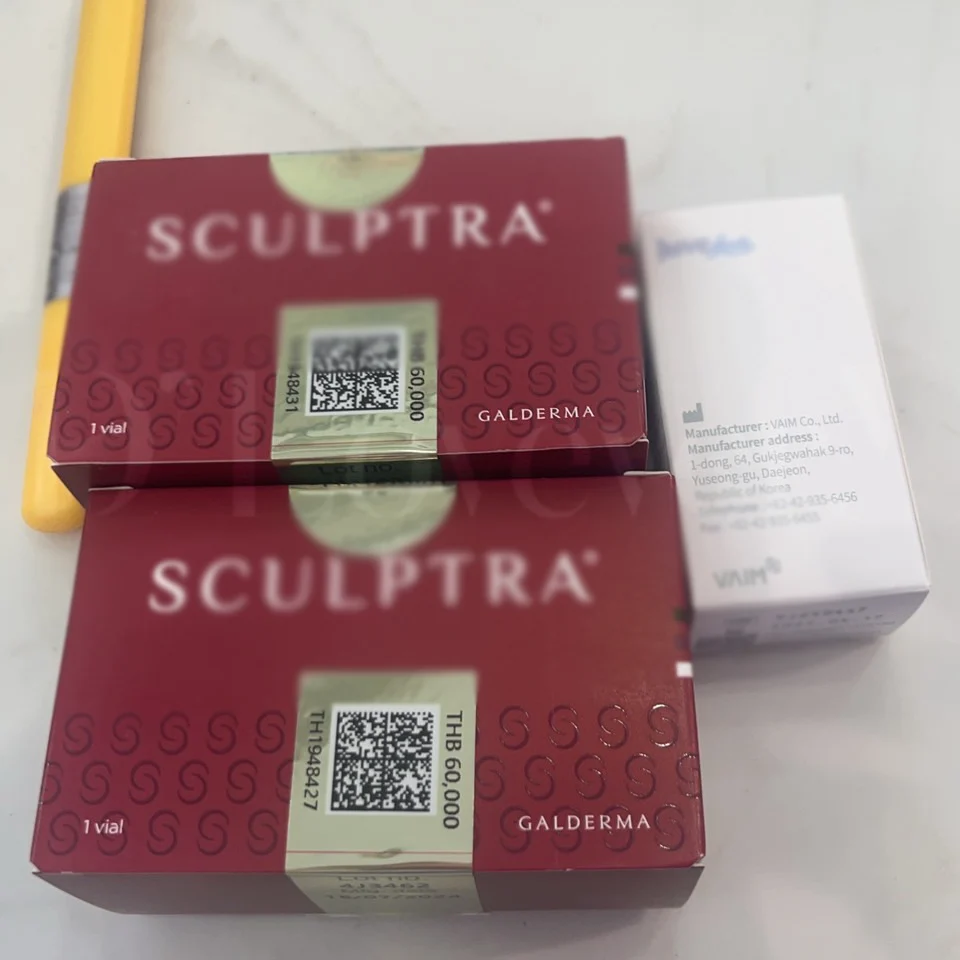 Two Sculptra cosmetic filler boxes beside a small Juvelook product box