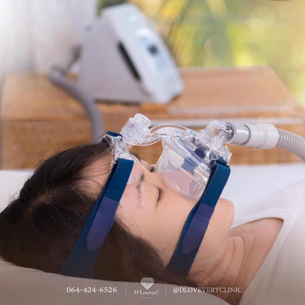 Patient wearing CPAP mask for sleep apnea therapy, hose connected to machine