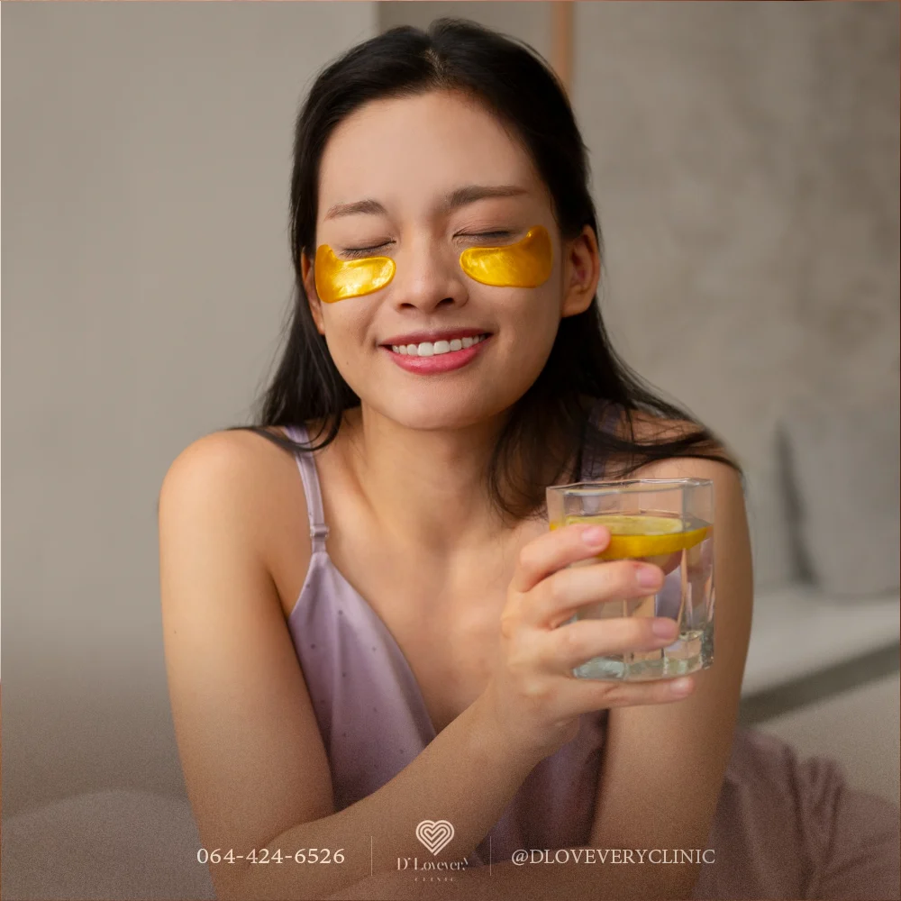 Gold under-eye patches on relaxed woman holding lemon water — skincare self-care
