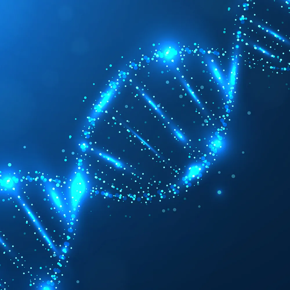 Glowing cyan DNA double helix on deep blue futuristic biotech background