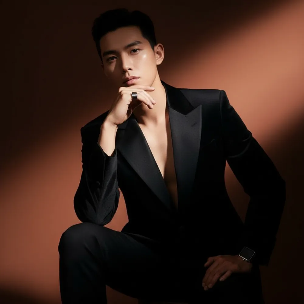 Mens fashion portrait: male model in open black suit jacket with cinematic lighting